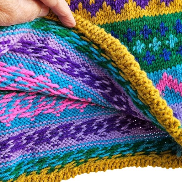 Vintage Hand Knit Colorful Fair Isle Skirt Pastel Elastic Waist Medium - Picture 10 of 15